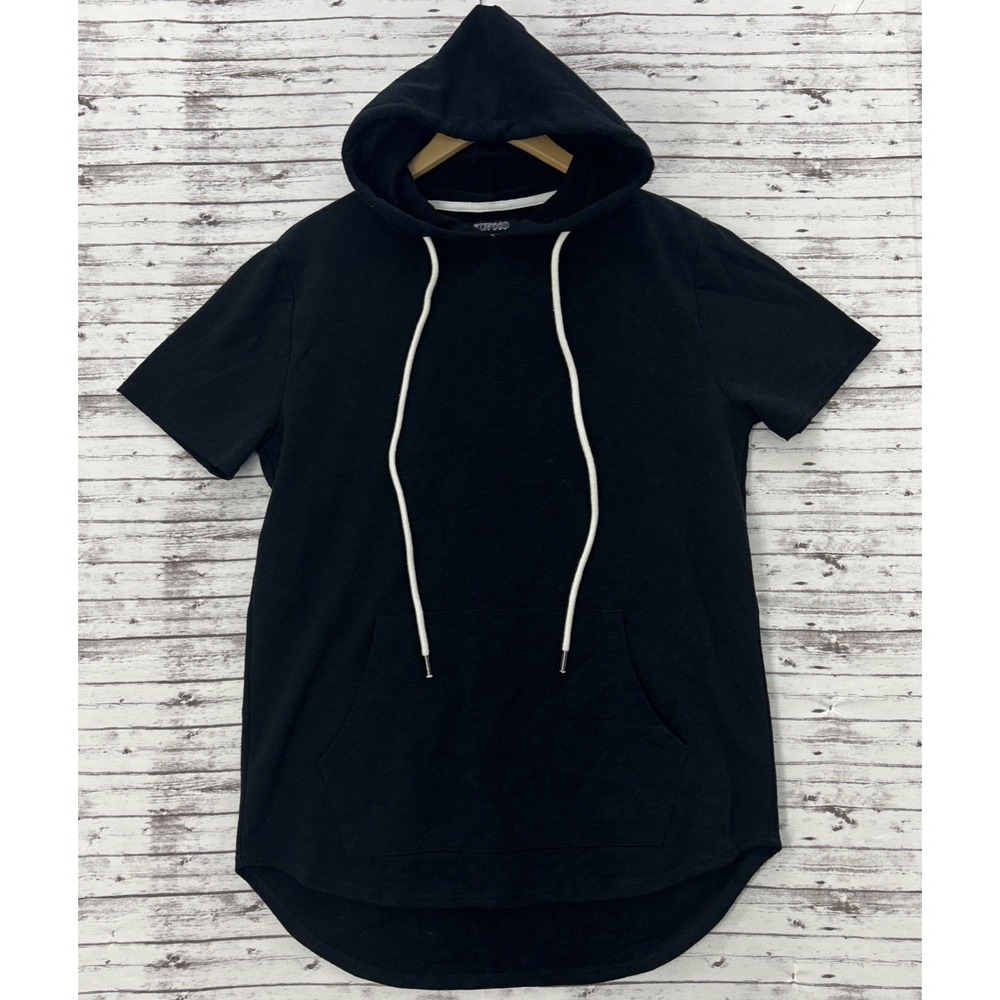 Elwood Short Sleeve Hoodie Men's Small Black Curved Hem Streetwear Terry Lined